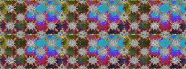 Renkli desenli, gri çiçekli ve dekoratif elementli kusursuz desen. Kumaş, tekstil, duvar kağıdı baskısı için. Eski usul. Raster illüstrasyonu. Kusursuz arkaplan.