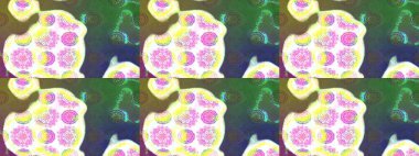 Varicologreen Raster çizimi. Bir sürü yeşil ve soyut çiçekli tropik eskiz deseni. Küçük çiçekte sevimli çiçek deseni var..