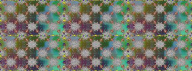 İşlemeli çiçekli, dikişsiz desen. Renkli grunge soyut arkaplanı koloyeşil çiçeklerle süslüyor. İzler, kumaş, duvar kağıtları, tekstil için raster dokusu.