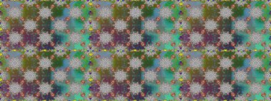 İşlemeli çiçekli, dikişsiz desen. Renkli grunge soyut arkaplanı koloyeşil çiçeklerle süslüyor. İzler, kumaş, duvar kağıtları, tekstil için raster dokusu.