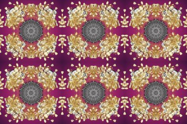 Raster altın çiçek süsü brokar kumaş ve cam desenli. Altın elementli mor ve bej renkler. Kusursuz altın desen. Çiçek desenli altın metal..