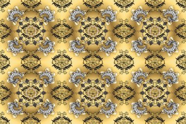 Doku arka planında altın duvar kâğıdı. Bej, sarı ve kahverengi renklerde altın element. Damask kusursuz yinelenen arkaplan. Barok tarzında altın çiçekli süs..