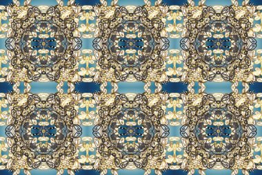 Tekrarlayan elementlerle kusursuz soyut arkaplan. Bej, gri, mavi ve altın desenli. Zarif raster klasik desen.