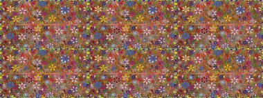 Düz Çiçek Elementleri Tasarımı. Renkli Bahar Temalı Kusursuz Arkaplan. Çiçekli, kusursuz bir arkaplan. Çocuk stili.