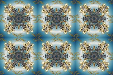 Klasik klasik klasik arka plan. Mavi, gri ve nötr renklerde altın elementlerle kusursuz desen. Klasik raster sarısı, kusursuz desen. Geleneksel oryantasyon süsü.