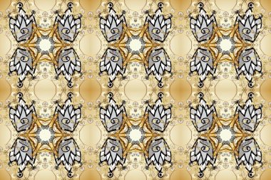 Klasik oryantal desen bej ve gri renkler üzerinde. Damask pürüzsüz süsü. Geleneksel raster ve altın desen.