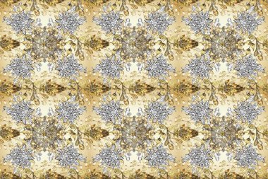 Paisleys zarif çiçek desenli arkaplan duvar kâğıdı çizimi. Klasik stil, güzel, üç boyutlu sanat eseri, altın ve bej renginde. Tarafsız gri desenli çiçek yaprakları ve süslemeleri var..