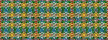 Raster illüstrasyonu. Kusursuz bir geçmişi var. Renkli desenli, yeşil çiçekli ve dekoratif elementli kusursuz desen. Kumaş, tekstil, duvar kağıdı baskısı için. Antika retro tarzı.