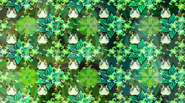 Yeşil renkli bitkilerden oluşan parlak çiçekli çizim deseni.