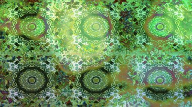 Altın antika ortaçağ dekoratifi yaprakları ve yeşil renklerde altın desenli süslemeleri olan pürüzsüz bir şablon. Kusursuz kraliyet lüksü, altın barok kumaş rengi..