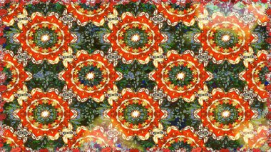 Raster illüstrasyonu. Kusursuz ortaçağ çiçek deseni. Turuncu renklerde altın. Dekoratif simetri arabesk. Doğum günü, davetiye ya da afiş için tebrik kartı.