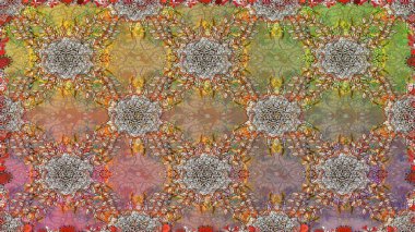 Kusursuz bir arka plan modeli. Yapraklı çiçekler ve kahverengi renkli papatya çiçekleri. Raster - stok.