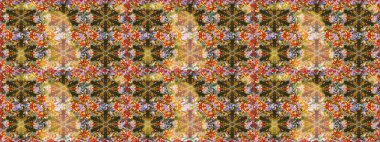 Çiçek kiremitleri. Raster altın tekstil baskısı. Kahverengi renklerde altın desenler ve altın elementler. İslam tasarımı. Kusursuz desenli oryantal süs.