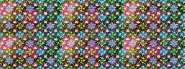 Sevimli, pürüzsüz desenli, küçük çiçekli, klasik tarzda. Moda arka planında parlak buketler. Kumaş, duvar kağıdı ve kağıt üzerine baskı yapmak için gelişen arka plan. Raster illüstrasyonu.