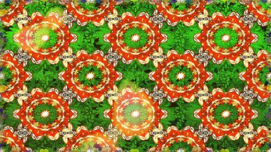 Doğu tarzında klasik tasarım öğesi. Geleneksel Arap dekoru yeşil renklerde. Çiçekli süslemeli, pürüzsüz bir desen. Süslü dantel iz sürücü. Duvar kağıdı için altın süslü illüstrasyon.