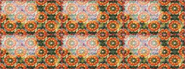 Raster illüstrasyonu. Kusursuz ortaçağ çiçek deseni. Turuncu renklerde altın. Dekoratif simetri arabesk. Doğum günü, davetiye ya da afiş için tebrik kartı.