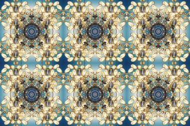 Bej ve mavi renkli Royal retro. Altın şablon. Kusursuz desenli altın elementler. Kart, duvar kağıdı, ambalaj ve tekstil için klasik tasarım. Raster illüstrasyonu. Çiçeksel klasik doku.