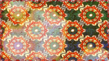 Doğu tarzında klasik tasarım öğesi. Çiçekli süslemeli, pürüzsüz bir desen. Turuncu renkli geleneksel Arap dekoru. Duvar kâğıdı için altın süslü bir illüstrasyon. Süslü dantel iz sürücü.