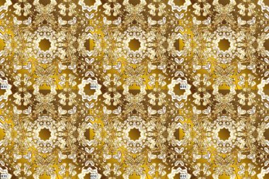 Raster. Doğu tarzı arabesk. Kusursuz altın dokular. Kahverengi, bej renkli ve altın elementli kusursuz desen. Hassas altın deseni açın. Parlak dantel, stilize çiçekler, şal desenli