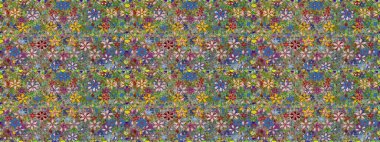 Düz Çiçek Elementleri Tasarımı. Süslü kumaş deseni. Renkli Bahar Temalı Kusursuz Arkaplan. Raster illüstrasyonunda kusursuz çiçek deseni.