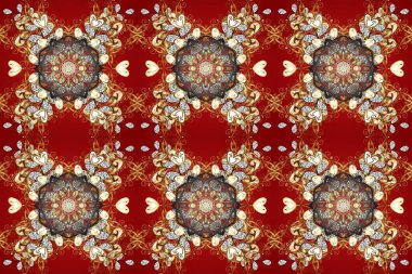 Kusursuz damaske klasik altın desen. Kırmızı, kahverengi ve bej renklerde altın rengi ve altın elementler. Raster illüstrasyonu. Tekrarlayan ögelerle soyut arkaplan Raster.