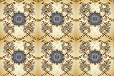 Bej, gri ve kahverengi renklerde altın sarısı elementler. Kusursuz damaske klasik altın desen. Tekrarlayan elementlerle soyut arkaplan oluşturun. Raster illüstrasyonu.