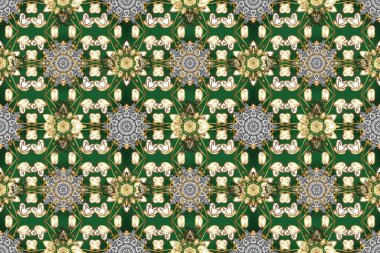 Paisley 'ler zarif çiçek desenli arkaplan duvar kâğıdı illüstrasyonları. Güzel, modaya uygun, modern, üç boyutlu sanat eseri, altın, yeşil ve beyaz desenli çiçek yaprakları ve süslemeleri..