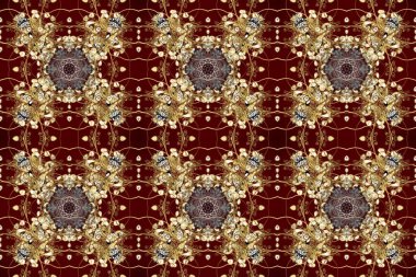 Kahverengi, bej ve kırmızı renklerde altın elementlerle kusursuz desen. Raster oryantal süs. Kusursuz altın desen.