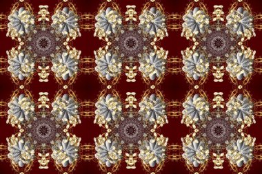 Noel, kar tanesi, yeni yıl 2025. Gri, kırmızı ve kahverengi renklerde ve altın elementlerle kusursuz klasik desen.