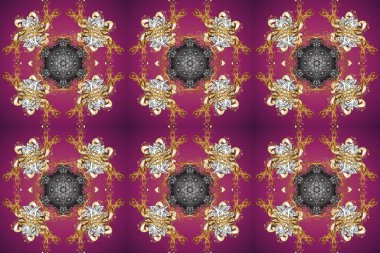 Raster illüstrasyonu. Altın şablon. Kusursuz desenli altın elementler. Mor, kahverengi ve gri renkte Royal retro. Kart, duvar kağıdı, ambalaj ve tekstil için klasik tasarım. Çiçeksel klasik doku.