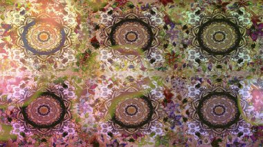 Kusursuz desenli oryantal süs. İslam tasarımı. Çiçek kiremitleri. Kahverengi renklerde altın desenler ve altın elementler. Raster altın tekstil baskısı.