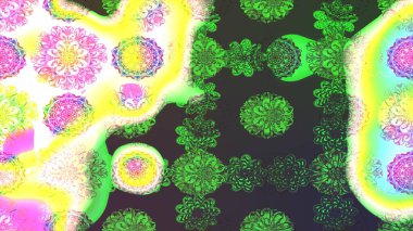 Raster illüstrasyonu. Yumuşak, yeşil renkli bahar çiçekleri. Yaprak ve çiçeklerin suluboya resmi, yeşil renkte çizim deseni.