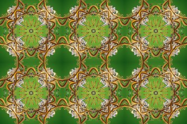 Raster illüstrasyonu. Kusursuz damaske klasik altın desen. Yeşil ve kahverengi renklerde altın rengi ve altın elementler. Tekrarlayan ögelerle soyut arkaplan Raster.