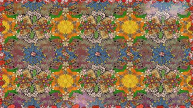 Raster illüstrasyonu. Çiçek desenli çizim. Kahverengi renkli çiçekler. Raster illüstrasyonu. Asya tekstil tarzında.