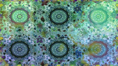 Altın karalama fantezi yapraklarından ve mavi renkli çiçeklerden Raster soyut çiçek çelengi. El yapımı dekoratif çerçeve, albüm kapağı, tebrik kartı, klasik Art deco tarzı.