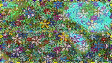 Yeşil arka planda. Çocuksu tasarım. Tekstil, kumaş, ambalaj, hatıra defteri için hoş bir çiçek arkaplanı. Elle çizilmiş karalama çiçekleri ile pürüzsüz desen.