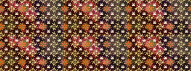 Moda baskıları için zarif bir şablon. Parlak renkli çiçekleri ve kahverengi renkli yaprakları olan harika bir çiçek deseni. Halk tarzı. Modern çiçek arkaplanı.