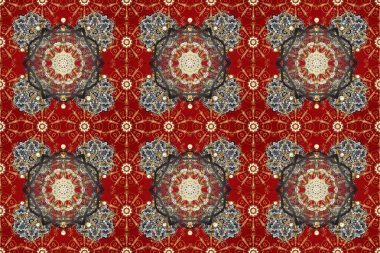 Süslü dekorasyon. Altın elementlerle kırmızı ve kahverengi renklerde altın desen. Raster klasik barok çiçeksiz altın desenli. Lüks, kraliyet ve Viktorya dönemi konsepti.