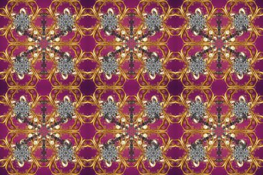 Altın rengi, kusursuz çizim. Raster geometrik arka plan. Mor, kahverengi ve bej renklerinde, altın çiçekli altın desenler. Senin tasarımın için, duvar kağıdı..