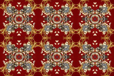 Kahverengi, kırmızı ve bej renklerde altın elementlerle kusursuz desen. Geleneksel oryantasyon süsü. Raster illüstrasyonu. Kusursuz klasik raster altın desenli. Klasik vintage arkaplan.