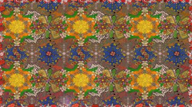 Raster Floral Illustration, Asyalı tekstil. Kahverengi renklerde etnik çiçeklerle kusursuz bir desen..