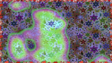 Çiçeksiz desenli, suluboya elle çizilmiş elementler. Parlak renkli fantezi çiçekleri, yapraklar, yeşil renkli tomurcuklar.