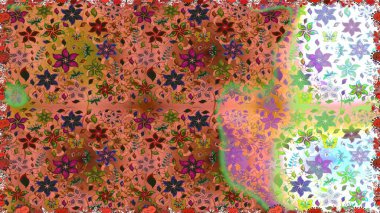 İşlemeli çiçekli, dikişsiz desen. Parmak izi, kumaş, duvar kâğıdı, tekstil için raster dokusu. Renkli grunge soyut arkaplanı colokahverengi çiçeklerle zenginleştirir.