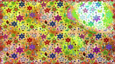 Kumaş, duvar kağıdı ve kağıt üzerine baskı yapmak için gelişen arka plan. Sevimli, pürüzsüz desenli, küçük çiçekli, klasik tarzda. Raster illüstrasyonu. Moda arka planında parlak buketler.