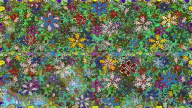 Raster illüstrasyonu. Yeşil renkli Asya tekstili. Kusursuz çiçek deseni.