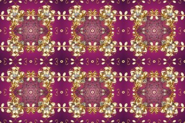 Raster illüstrasyonu. Kusursuz damaske klasik altın desen. Mor ve bej renklerde altın rengi ve altın elementler. Tekrarlayan ögelerle soyut arkaplan Raster.