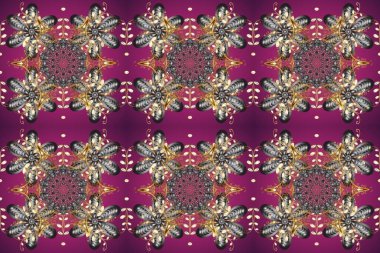 Mor, gri ve kahverengi renkte desen. Kına dövmeli süs çiçekleri, altın çıkartmalar, mehndi ve yoga tasarımı, kartlar ve parmak izleri. Raster altın mehndi kusursuz desen.