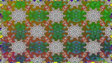 Parlak renkli çiçekleri ve yeşil renkli yaprakları olan kusursuz çiçek desenleri. Moda baskıları için zarif bir şablon. Modern çiçek arkaplanı. Halk stili.