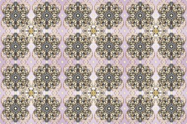 Damask arkaplanı. Altın çiçekli, pürüzsüz desen. Tarafsız, gri ve bej renklerde altın bir element. Barok tarzında altın çiçekli süs..