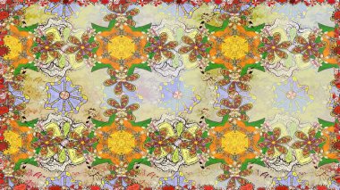 El yapımı çiçek ve bitki koleksiyonu. Robot resim stilinde nötr renkler. Raster illüstrasyonu. Şirin karalama çiçekleri olan kusursuz çiçek desenleri. Raster illüstrasyonu.